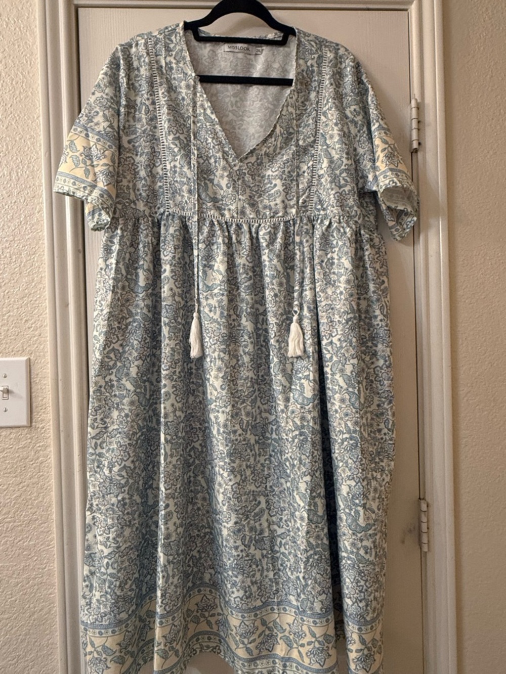 Misslook Light Blue & Cream Floral Boho Maxi Dress with Tassels 2Xl cotton blend
